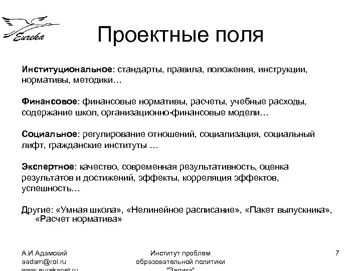 Проектные поля Институциональное: стандарты, правила, положения, инструкции, нормативы, методики… Финансовое: финансовые нормативы, расчеты, учебные