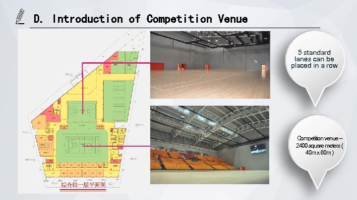 D. Introduction of Competition Venue 5 standard lanes can be placed in a row