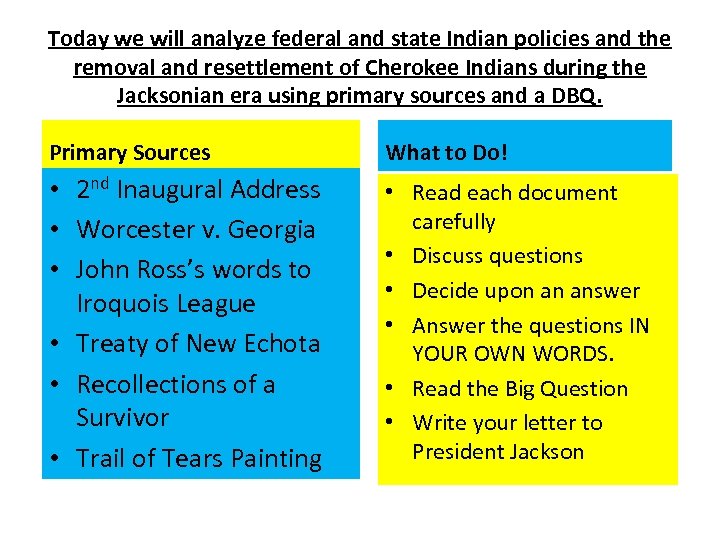 Today we will analyze federal and state Indian policies and the removal and resettlement