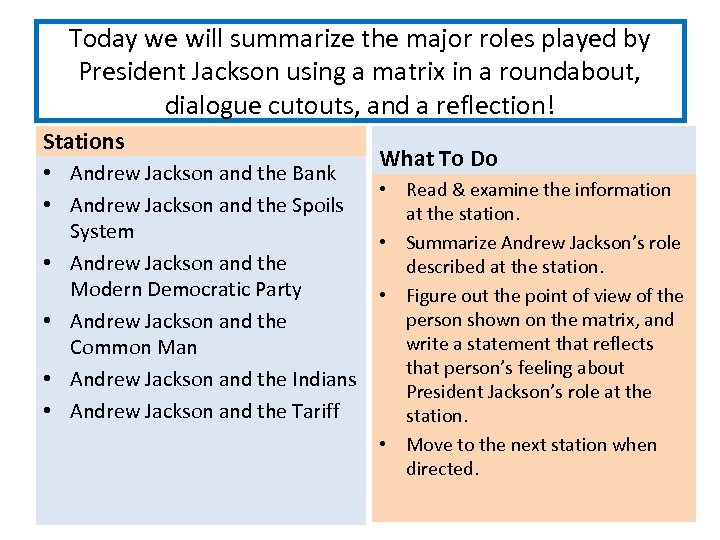 Today we will summarize the major roles played by President Jackson using a matrix