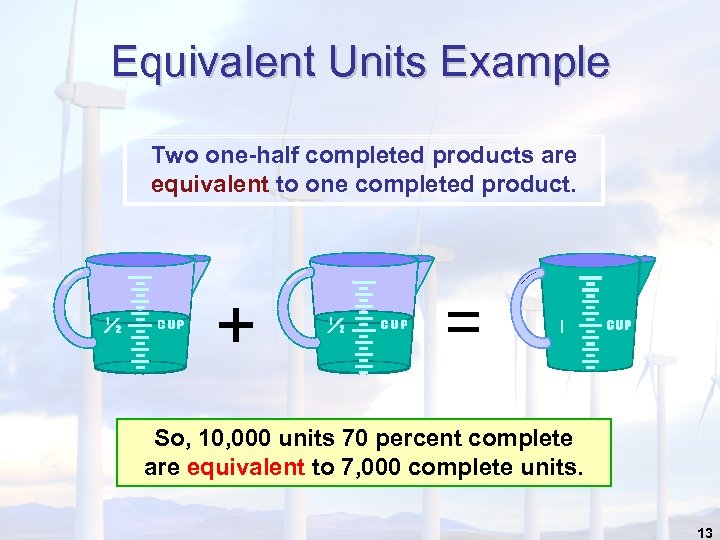 Equivalent Units Example Two one-half completed products are equivalent to one completed product. +