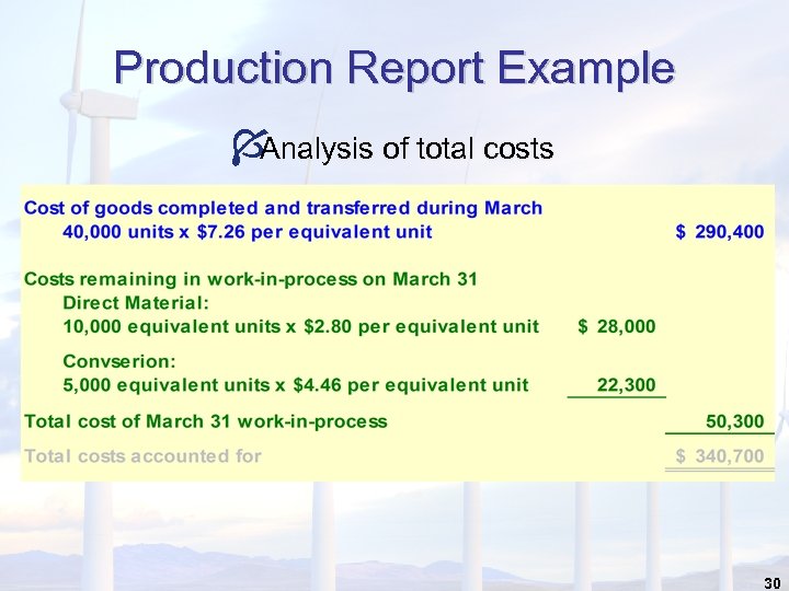 Production Report Example Í Analysis of total costs 30 