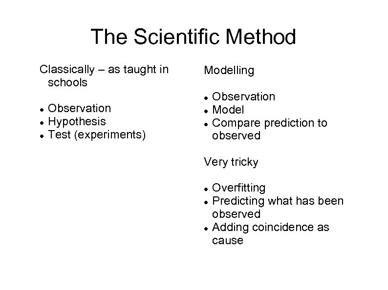 The Scientific Method Classically – as taught in schools Modelling Observation Hypothesis Test (experiments)
