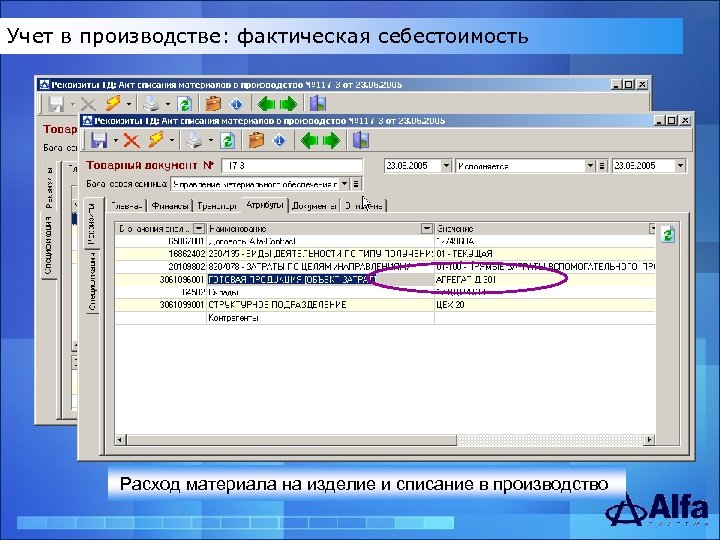 Архитектура Учет в производстве: фактическая себестоимость Расход материала на изделие и списание в производство