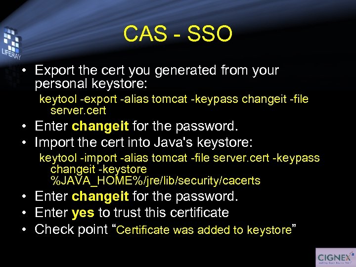 CAS - SSO • Export the cert you generated from your personal keystore: keytool