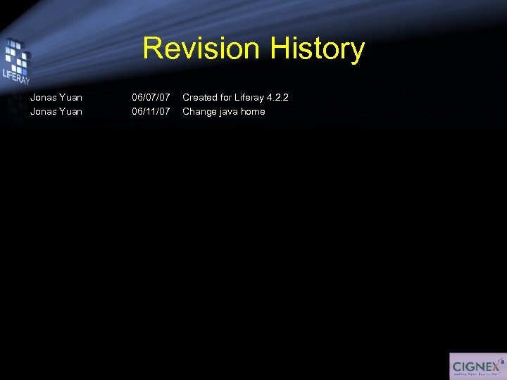 Revision History Jonas Yuan 06/07/07 06/11/07 Created for Liferay 4. 2. 2 Change java