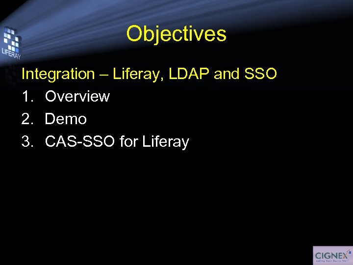 Objectives Integration – Liferay, LDAP and SSO 1. Overview 2. Demo 3. CAS-SSO for