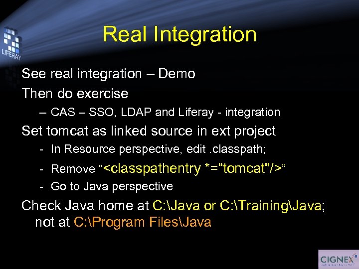 Real Integration See real integration – Demo Then do exercise – CAS – SSO,