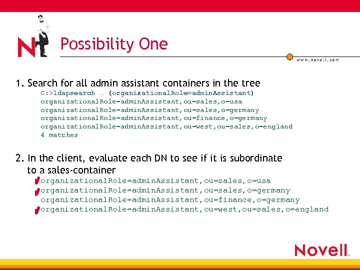 Possibility One 1. Search for all admin assistant containers in the tree C: >ldapsearch