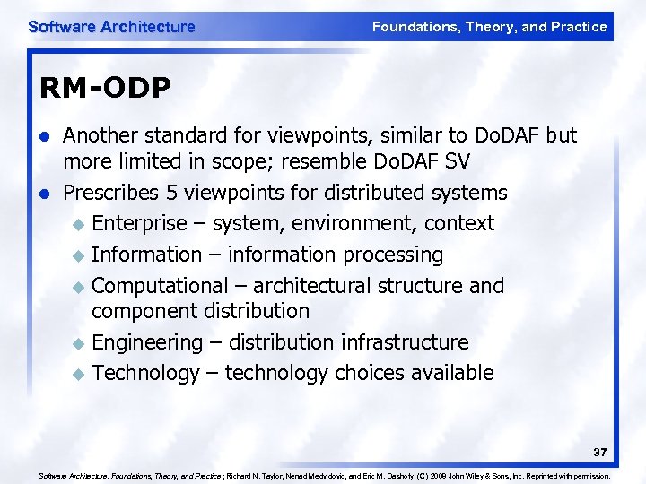 Software Architecture Foundations, Theory, and Practice RM-ODP l l Another standard for viewpoints, similar