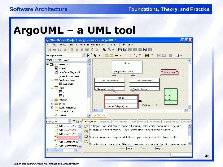 Software Architecture Foundations, Theory, and Practice Argo. UML – a UML tool 46 Screenshot