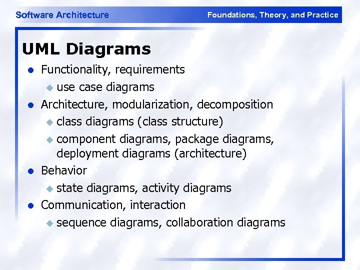 Software Architecture Foundations, Theory, and Practice UML Diagrams l l Functionality, requirements u use