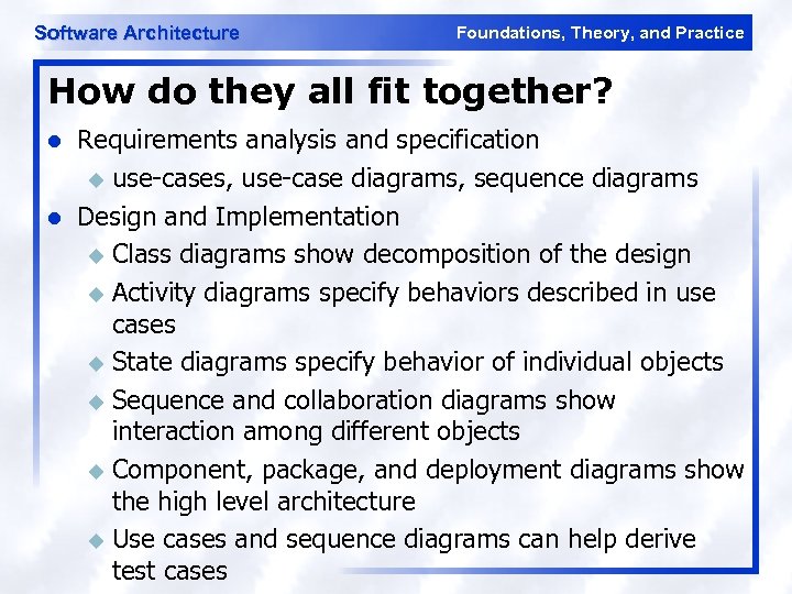 Software Architecture Foundations, Theory, and Practice How do they all fit together? l l