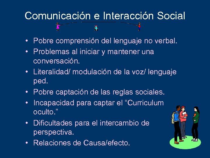 Comunicación e Interacción Social • Pobre comprensión del lenguaje no verbal. • Problemas al