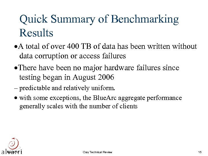 Quick Summary of Benchmarking Results A total of over 400 TB of data has