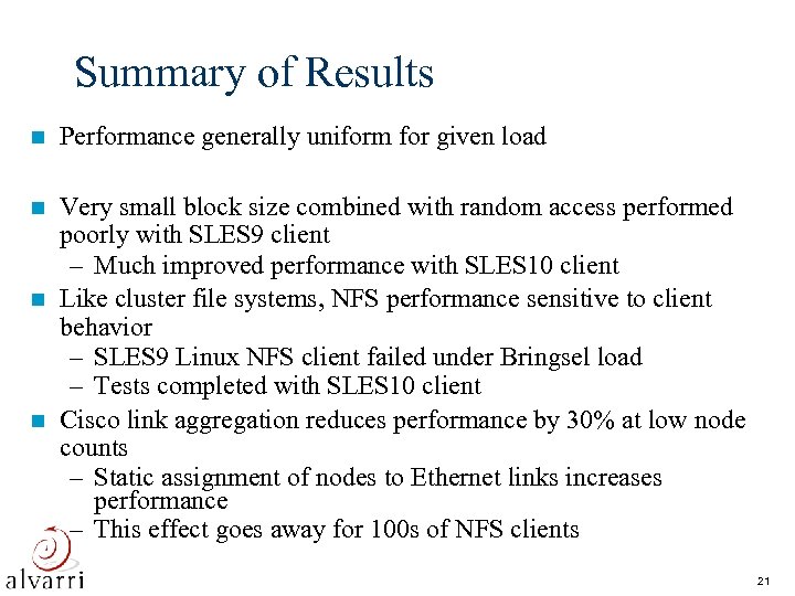 Summary of Results n Performance generally uniform for given load Very small block size