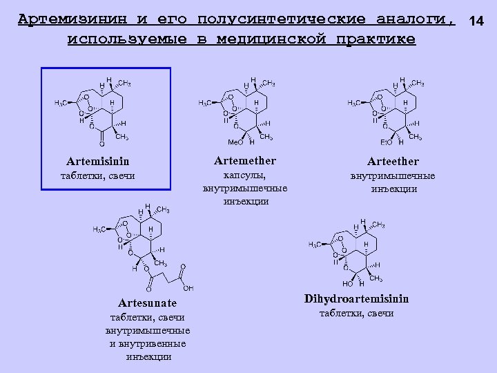 Артемизинин и его полусинтетические аналоги, 14 используемые в медицинской практике Artemisinin Artemether Arteether таблетки,