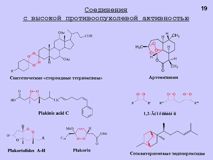 Соединения с высокой противоопухолевой активностью Синтетические «стероидные тетраоксаны» 19 Артемизинин Сесквитерпеновые эндопероксиды 