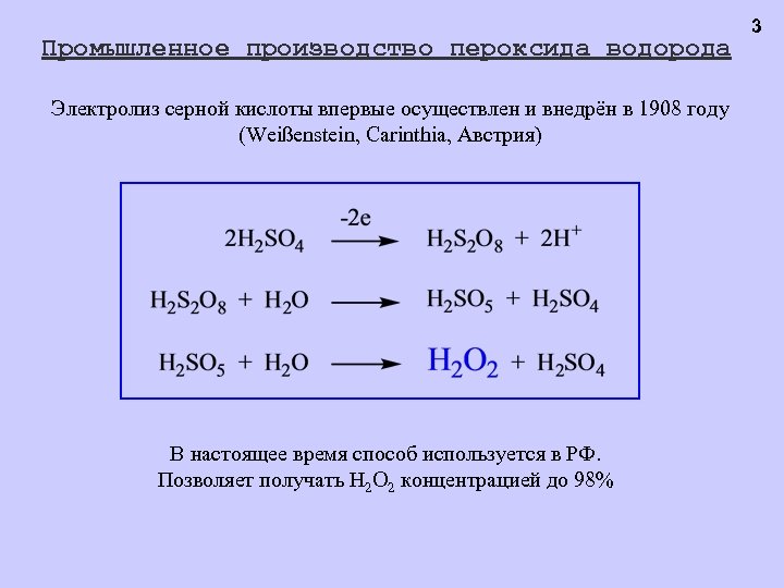 Промышленное производство пероксида водорода Электролиз серной кислоты впервые осуществлен и внедрён в 1908 году