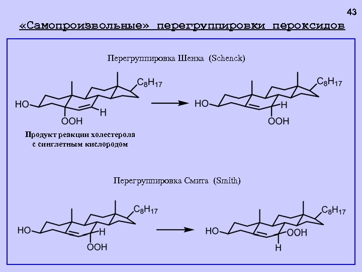 43 «Самопроизвольные» перегруппировки пероксидов Перегруппировка Шенка (Schenck) Продукт реакции холестерола с синглетным кислородом Перегруппировка