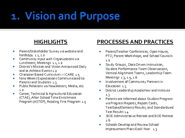 1. Vision and Purpose HIGHLIGHTS Parent/Stakeholder Survey via website and hardcopy 1. 1, 1.
