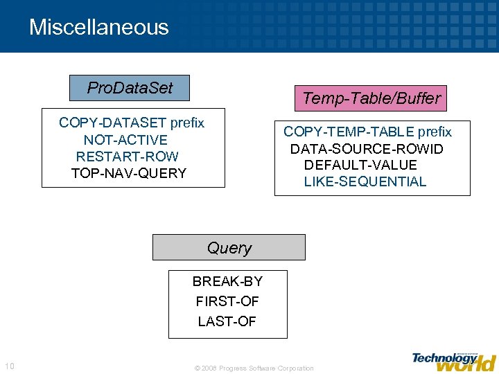 Miscellaneous Pro. Data. Set Temp-Table/Buffer COPY-DATASET prefix NOT-ACTIVE RESTART-ROW TOP-NAV-QUERY COPY-TEMP-TABLE prefix DATA-SOURCE-ROWID DEFAULT-VALUE