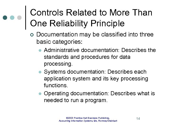 Controls Related to More Than One Reliability Principle ¢ Documentation may be classified into