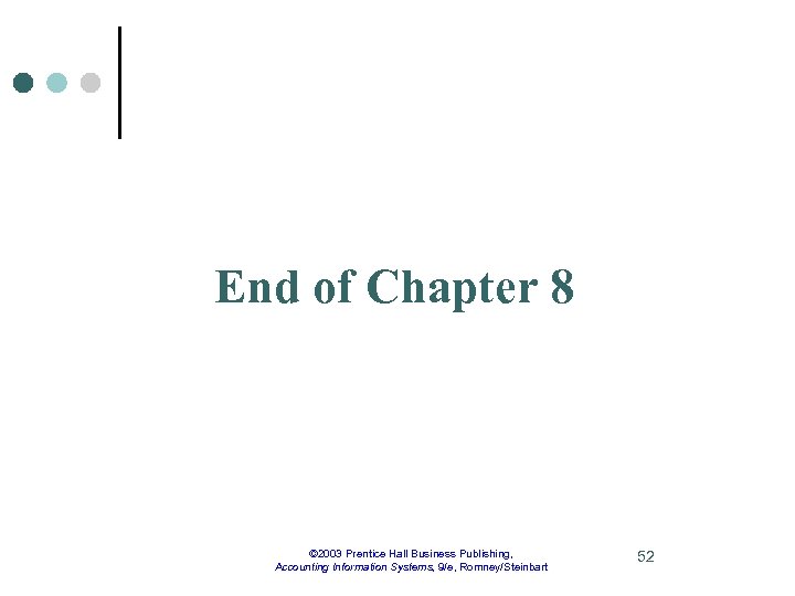 End of Chapter 8 © 2003 Prentice Hall Business Publishing, Accounting Information Systems, 9/e,
