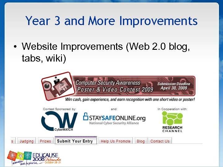 Year 3 and More Improvements • Website Improvements (Web 2. 0 blog, tabs, wiki)