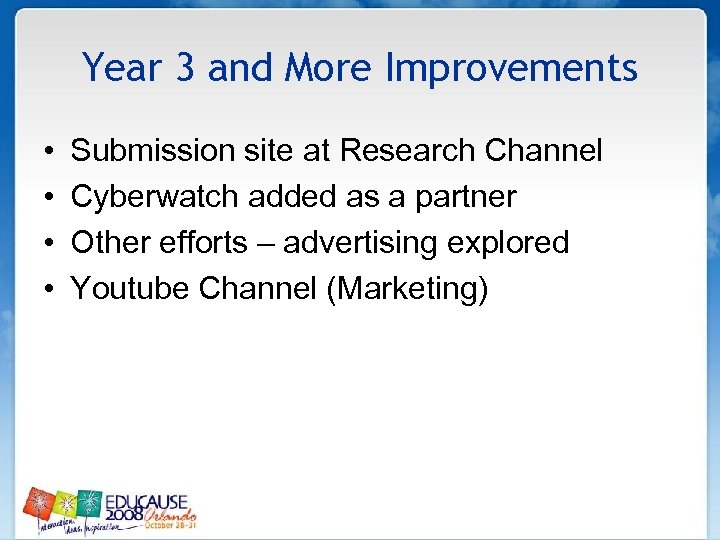 Year 3 and More Improvements • • Submission site at Research Channel Cyberwatch added