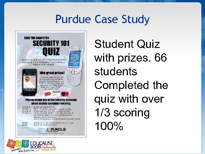 Purdue Case Study Student Quiz with prizes. 66 students Completed the quiz with over