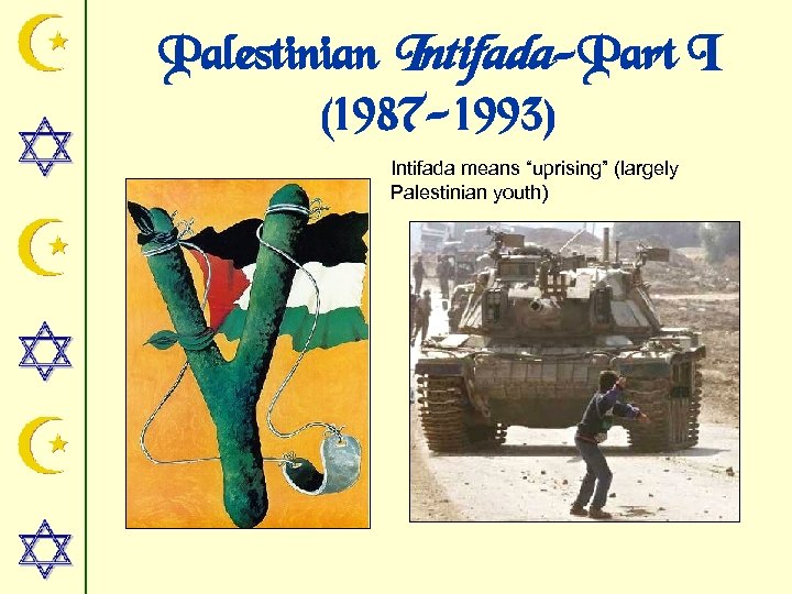 Palestinian Intifada-Part I (1987 -1993) Intifada means “uprising” (largely Palestinian youth) 