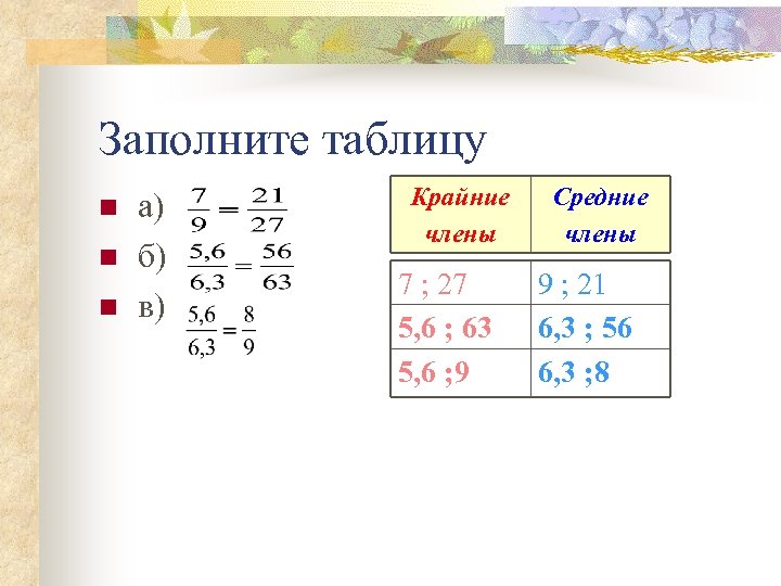 Заполните таблицу n n n а) б) в) Крайние члены 7 ; 27 5,