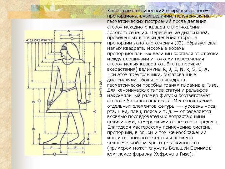 Канон древнеегипетский опирался на восемь пропорциональных величин, полученных из геометрических построений после деления сторон