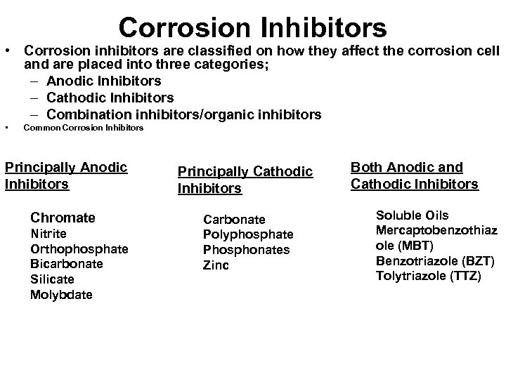 Corrosion Inhibitors • Corrosion inhibitors are classified on how they affect the corrosion cell