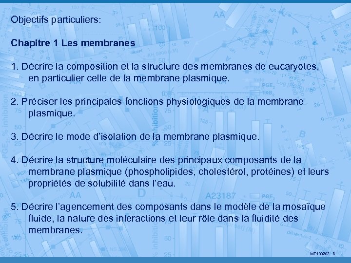 Objectifs particuliers: Chapitre 1 Les membranes 1. Décrire la composition et la structure des