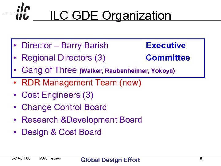 ILC GDE Organization • • Director – Barry Barish Executive Regional Directors (3) Committee