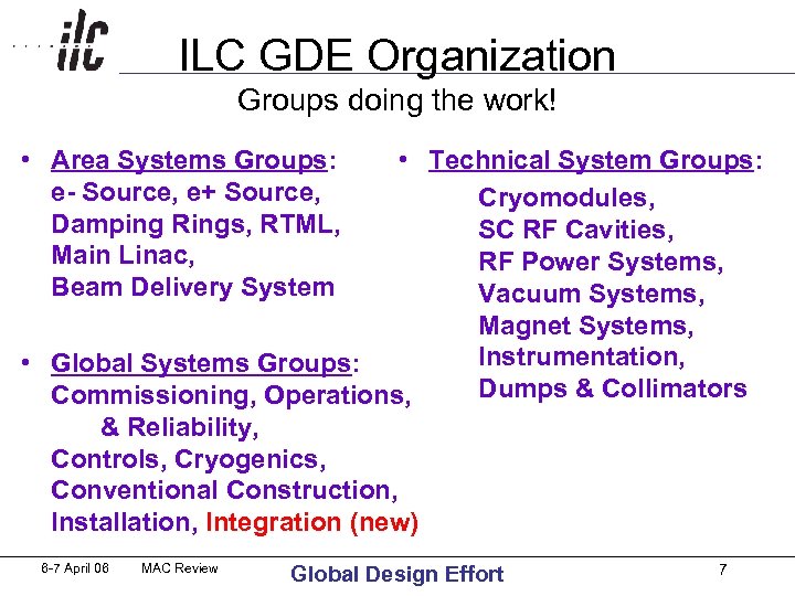 ILC GDE Organization Groups doing the work! • Area Systems Groups: e- Source, e+