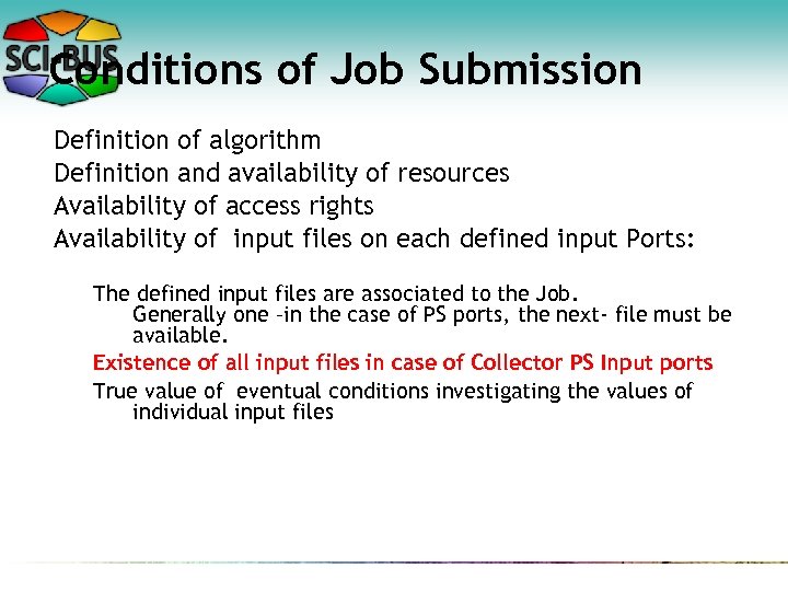 Conditions of Job Submission Definition of algorithm Definition and availability of resources Availability of