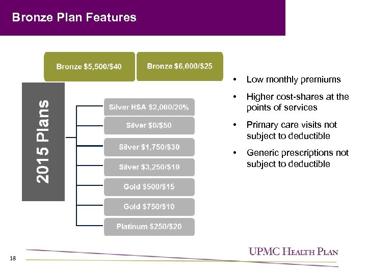 Bronze Plan Features • • Higher cost-shares at the points of services • Primary