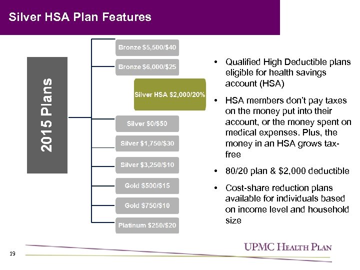 Silver HSA Plan Features • Qualified High Deductible plans eligible for health savings account