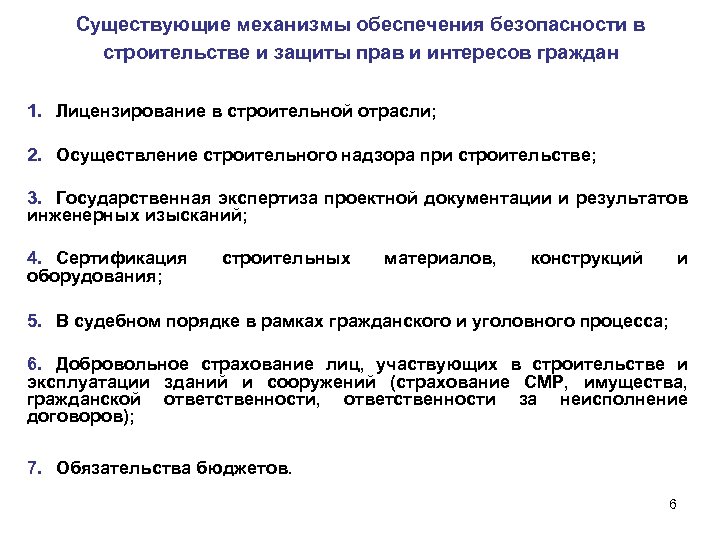 Существующие механизмы обеспечения безопасности в строительстве и защиты прав и интересов граждан 1. Лицензирование