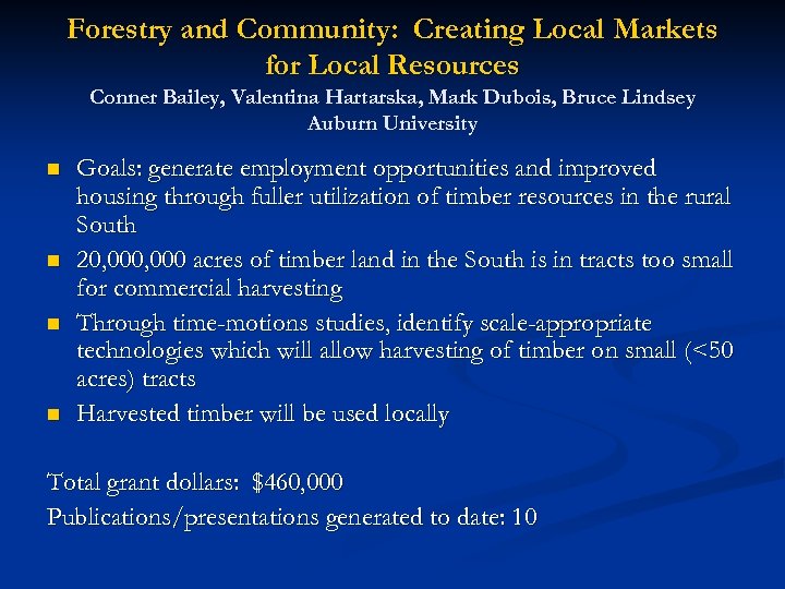 Forestry and Community: Creating Local Markets for Local Resources Conner Bailey, Valentina Hartarska, Mark