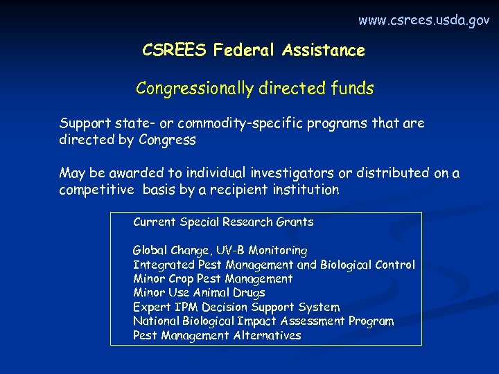 www. csrees. usda. gov CSREES Federal Assistance Congressionally directed funds Support state- or commodity-specific