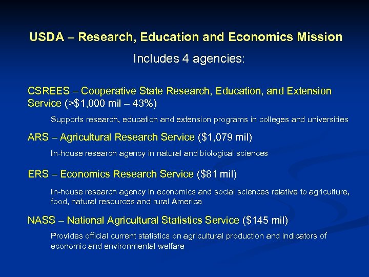 USDA – Research, Education and Economics Mission Includes 4 agencies: CSREES – Cooperative State