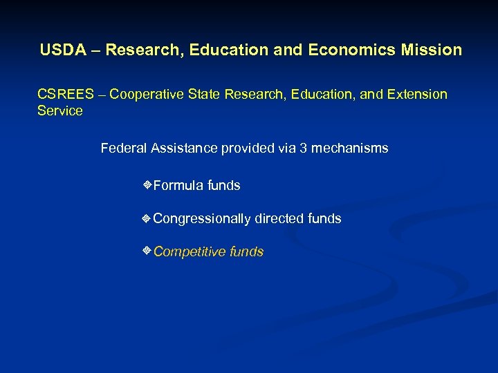 USDA – Research, Education and Economics Mission CSREES – Cooperative State Research, Education, and