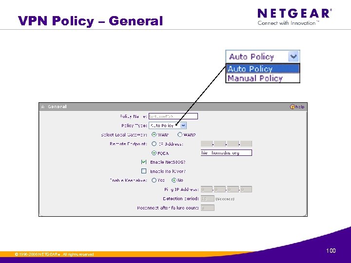 VPN Policy – General © 1996 -2006 NETGEAR ®. All rights reserved. 100 