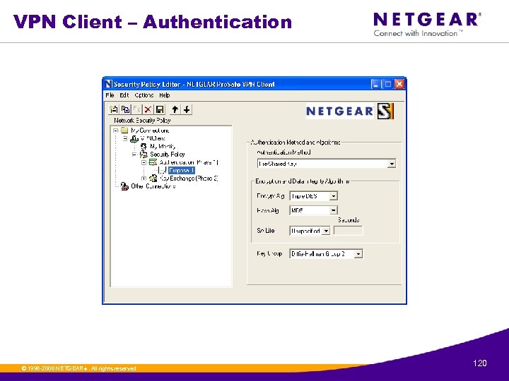 VPN Client – Authentication © 1996 -2006 NETGEAR ®. All rights reserved. 120 