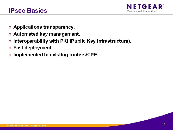 IPsec Basics » » » Applications transparency. Automated key management. Interoperability with PKI (Public