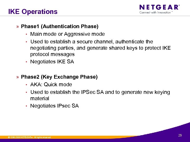 IKE Operations » Phase 1 (Authentication Phase) • Main mode or Aggressive mode •